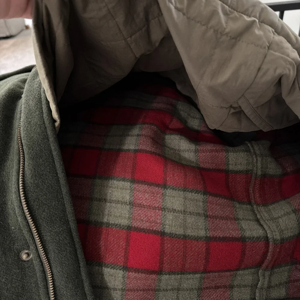 LL Bean Green Wool Cruiser Jacket Field Coat Hunting Quilted Removable Shell